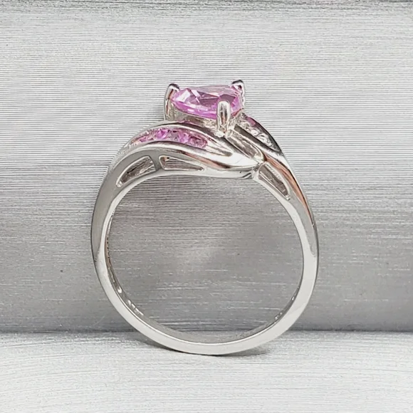 10k Solid White Gold Trillion Pink Sapphire & Diamond Accent Ring - Picture 2 of 4